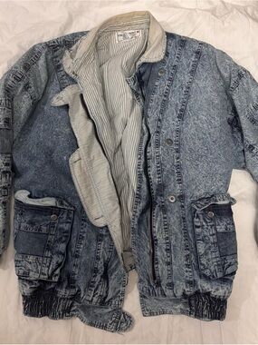 Vintage 80s East West Acid Wash Denim Bomber Utility Jacket